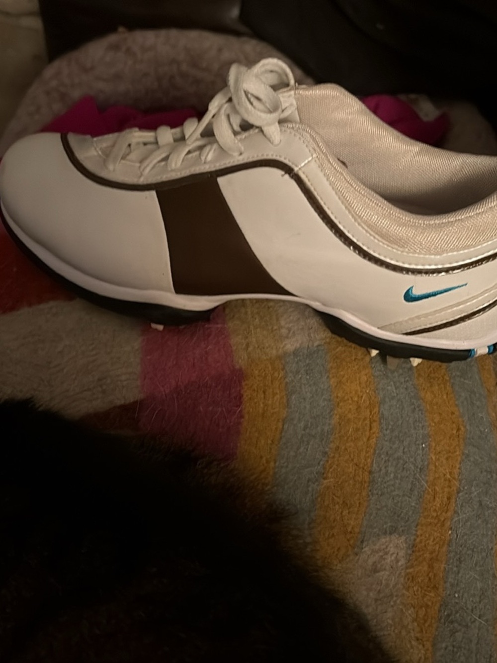 Nike White and Brown Leather Golf Shoe with Teal Swoosh
More photos coming